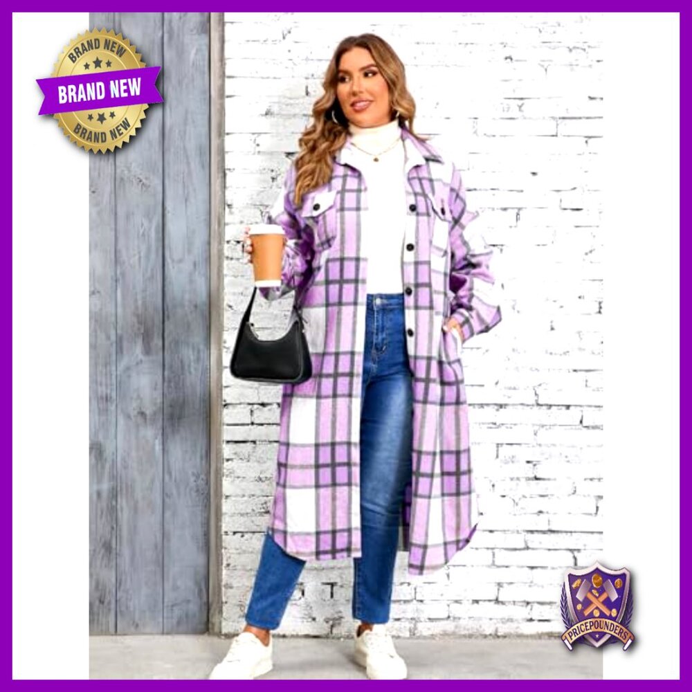 Plus Size Long Flannel Shacket Jacket Oversized Button Down with Pockets - Picture 2 of 6